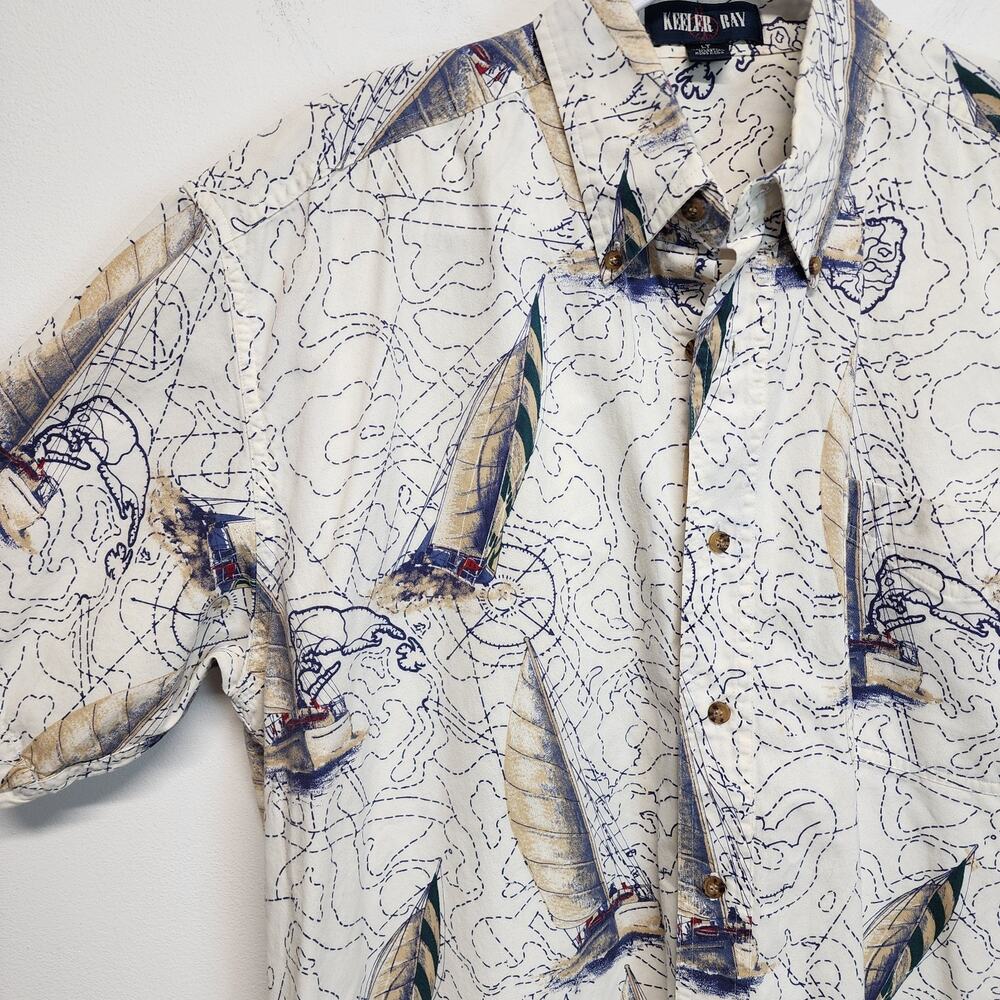 Vintage Keeler Bay Mens Button Up Sail Boat Shirt Size LT Nautical 100% Cotton